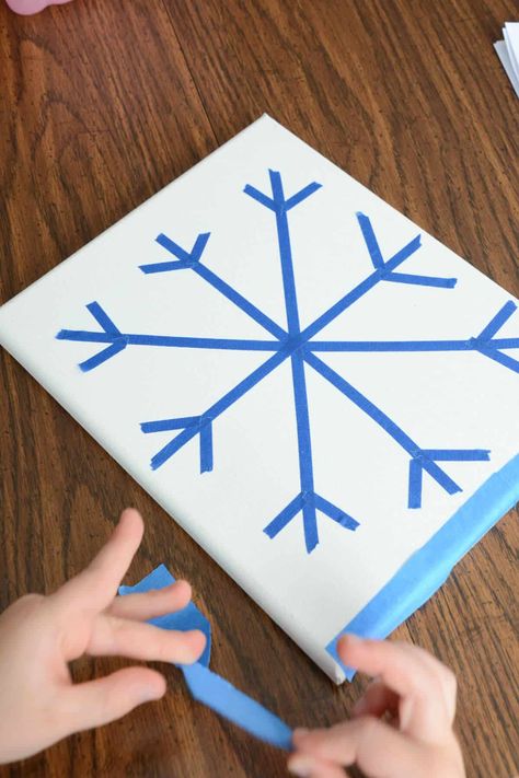 Unique and Easy Snowflake Canvas Painting For Kids - Crafty Art Ideas Preschool Art Activities Winter, Christmas Art Canvas Kids, Holiday Canvas Painting Ideas Easy, Christmas Painting Ideas Easy For Kids, Simple Christmas Paintings For Kids, Kids Christmas Canvas Ideas, Diy Christmas Canvas Art Kids, Preschool Canvas Art Ideas Christmas, Easy Snowflakes For Kids