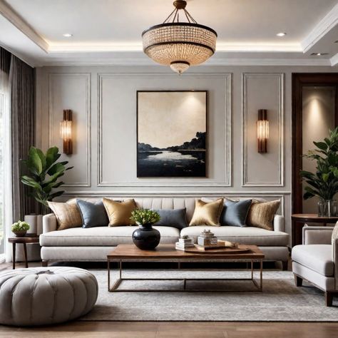 Elegant living room with a beige sofa, assorted pillows, a modern chandelier, wall art, and lush green plants. Neoclassic Living Room, Colonial Chic, Modern Classic Interior, Colonial Interior, Neoclassical Interior, Chic Interior Design, Classic Interior Design, Classic Living Room, Design Room