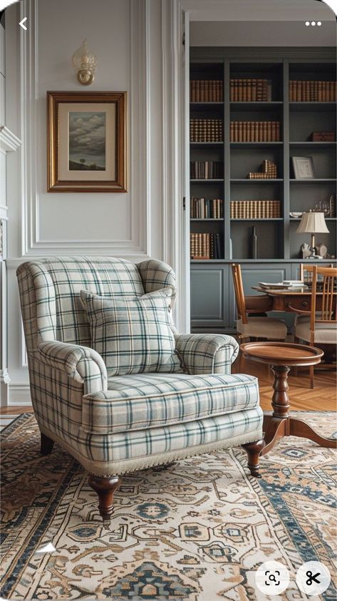 Living Room Craftsman Style, Library In The Living Room, Scottish Homes Interior, Cottage Armchair, Cottage Reading Nook, English Cottage Interiors Cozy, Plaid Armchair, New England Colonial Interior, English Style Home