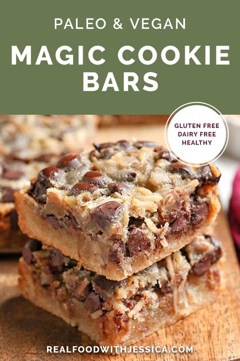 These Paleo Magic Cookie Bars are a healthier version of the classic dessert. A shortbread crust topped with shredded coconut, chopped pecans, chocolate chips and a homemade sweetened condensed milk poured on top. They are gluten free, dairy free, naturally sweetened with a vegan option. Homemade Sweetened Condensed Milk, Magic Cookie Bars, Paleo Cookies, Paleo Recipes Dessert, Paleo Baking, Paleo Sweets, Desserts Vegan, Shortbread Crust, Oreo Dessert