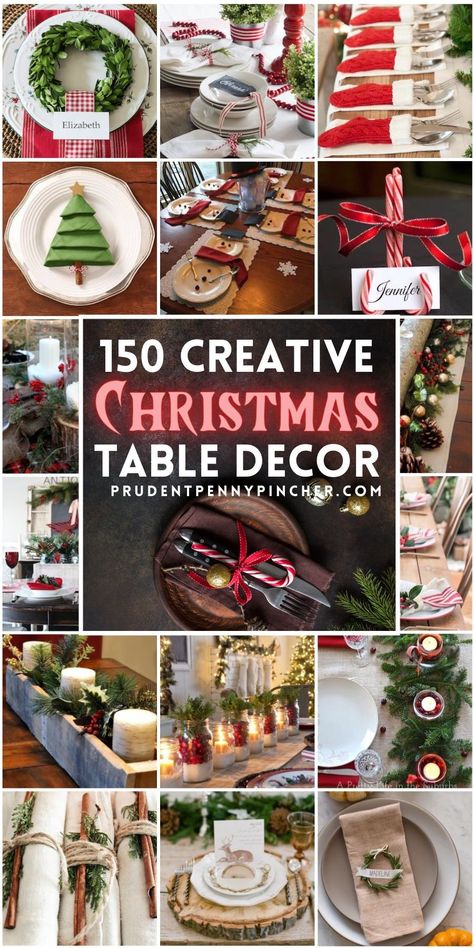 Give your dining room table a festive makeover with these beautiful DIY Christmas table decor ideas. From rustic to farmhouse Christmas centerpieces, there are Christmas table decorations for every style and budget. These Christmas tablescapes are sure to impress your Christmas party guests and family. Farmhouse Christmas Centerpieces, Christmas Dinning Table Decor, Diy Christmas Table Decor, Christmas Table Decor Ideas, Christmas Table Decorations Diy, Christmas Coffee Table Decor, Christmas Place Settings, Diy Christmas Table, Christmas Party Table