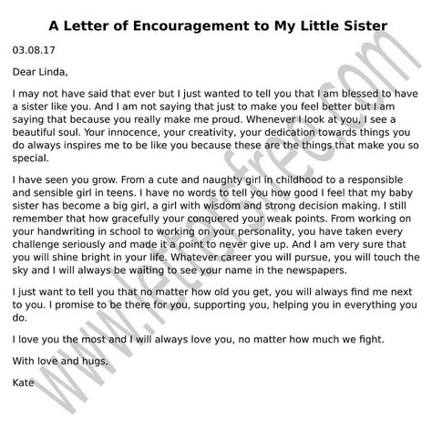 sample letter of encouragement to my little sister to write a personalized letter to her. Use this template to create a customized draft to motivate her. Letter To My Self On My Birthday, Loving Words For Sister, Message For Sister On Her Wedding, 21st Speech For Best Friend, Palanca Letter For Confirmation, Letter To Sister On Birthday, Encouraging Letters, Love Letter For Sister, Motivational Letter For Friend