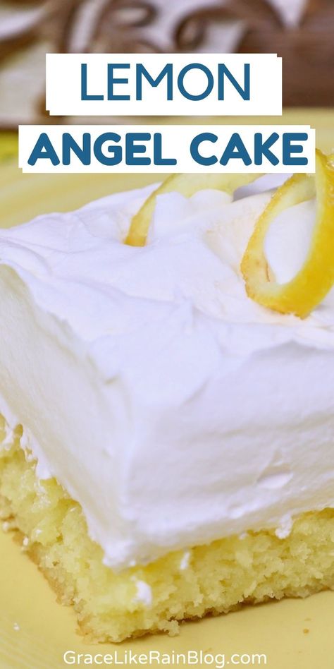 Lemon Angel Cake is a light and airy cake made with only three ingredients: an angel food cake mix, a can of lemon crème pie filling, and a little lemon juice. Serve alone or with Cool Whip or fresh whipped cream for a light and refreshing dessert. Lemon Creme Pie, Pie Filling Desserts, Lemon Angel Food Cake, Angel Food Cake Mix, Best Cake Mix, Angel Food Cake Desserts, Pineapple Angel Food, Cream Pie Filling, Fruit Pie Filling