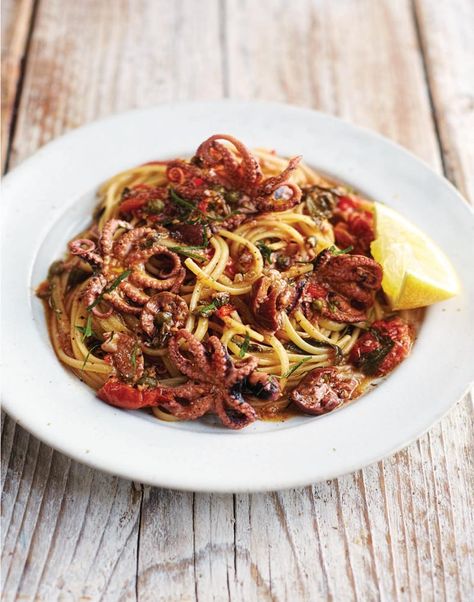 Octopus-Linguine--(1) Seafood Pasta Dishes, Octopus Recipes, Linguine Recipes, Seafood Pasta, Linguine, Italian Dishes, Seafood Dishes, Fish And Seafood, Fish Recipes