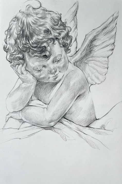 Art Sketches Angel, Angel Pen Drawing, Angel Cherub Drawing, Cute Detailed Drawings, Very Detailed Drawings, Detailed Pencil Drawings, Cherubs Drawing, Angel Reference Drawing, Angel Face Drawing