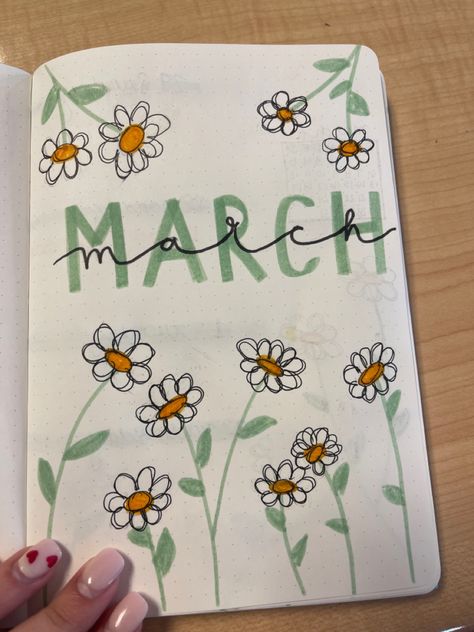 flower bullet journal title page Flower Notes Ideas, March Notebook Ideas, March Diary Ideas, Notebook Title Page Ideas School, Planer March, Aesthetic Title Page Ideas, May Title Page Bullet Journal, Scrapbook Title Page Ideas Aesthetic, Title Journal Ideas