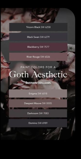 Witchy Home Paint Colors, Dark And Moody Color Palette Home, Color Palette For Grey Walls, Goth Room Painting Ideas, Moody Victorian Paint Colors, Pastel Goth Living Room Ideas, Soft Goth Autumn Bedroom, Mauve Gothic Bedroom, Witchy Color Palette Bedroom