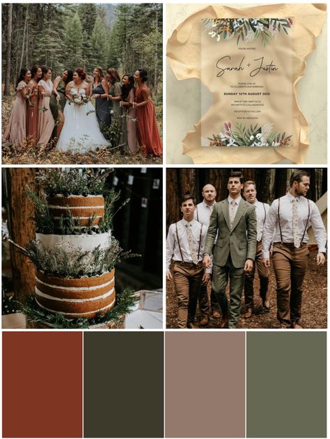 Rust And Deep Sage Wedding, Earthy Fall Wedding Colors, Rust Brown And Green Wedding, Emerald Green Woodsy Wedding, Maroon Tan Green Wedding, Boho Fall Wedding Sage Green, Earth Tone Wedding Decorations, Green Rust Wedding Theme, Rust Maroon Green Wedding