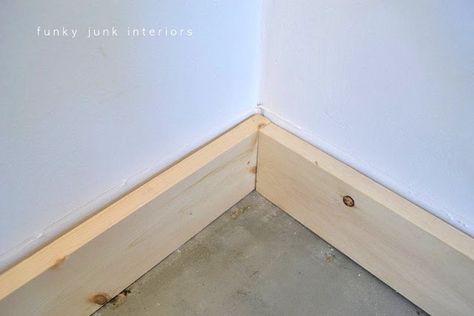 Clean simple baseboards! Perfect for board and batten later on!!!!! forget mitres! Ain't nobody got time that! ;) 1x4 Baseboard Ideas, 1x4 Crown Molding Ideas, Flat Molding And Trim, Raw Wood Baseboards, 1x4 Crown Molding, 1x4 Baseboards, 1x4 Trim Baseboards, Cheap Crown Molding Ideas, Cheap Trim Ideas