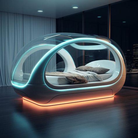 A glowing futuristic space age bed concept at Lilyvolt com Coolest Beds, Fun Beds, Futuristic Bedroom Design, Deer Themed Nursery, Futuristic Bedroom Ideas, Nursery Earthy, Futuristic Bed, Cool Beds For Teens, Luxurious Modern Bedrooms