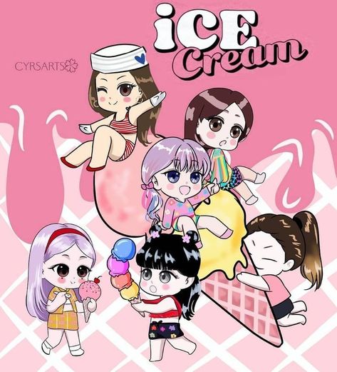 Cartoon Blackpink, Blackpink Ice Cream, Blackpink Ice-cream, Ice Cream Cartoon, Friend Cartoon, Blackpink Poster, Pink Posters, Kpop Drawings, Kpop Girl Bands