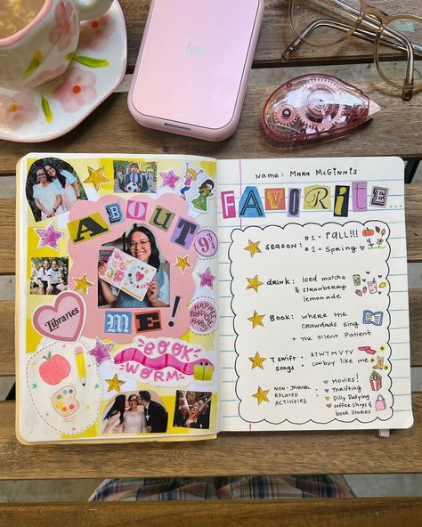 Mara McGinnis | ⭐️ Journal idea: About me page! The stickers and photos on this spread represent a few things about me: 🍎✏️: I was a preschool teacher… | Instagram Scrapbook Journal About Me, Journal About Me Aesthetic, All About Me Ideas Aesthetic, Jornal Idea About Me, Photo Journaling Ideas, About Me Ideas Journal, Favorite Things Journal Page, Journaling With Photos, Colorful Journal Pages