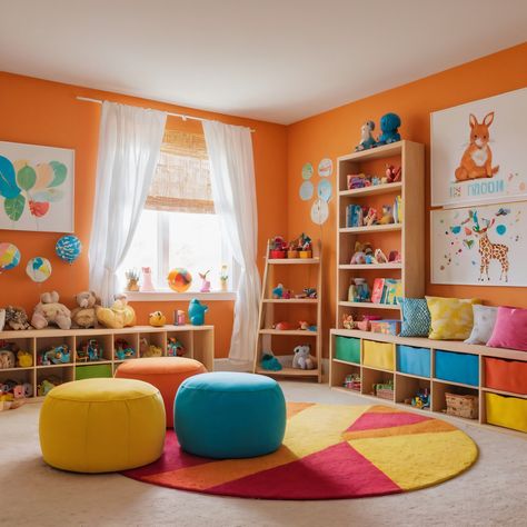 ⚠️LINK IN BIO⚠️ A vibrant children’s playroom filled with colorful decor, inventive storage options, and a playful theme to inspire creativity. #Playroom #Colorful #CreativeStorage #PlayfulTheme #Children Groovy Playroom, Active Playroom, Playroom Colorful, Fun Playroom Ideas, Bright Playroom, Indoor Playroom, Colorful Playroom, Baby Playroom, Family Day Care