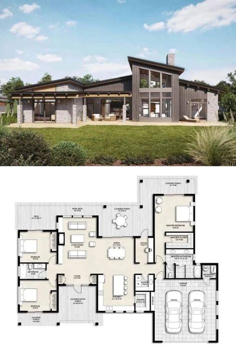 At just over 2000 sq.ft., this single-story mid-century modern house plan looks surprisingly spacious and comes with 3 bedrooms, 2 bathrooms, and a double garage. If you like open-concept floor plans, this home midcentury home is worth looking into. Midcentury House Plans, Small House Layout Plan, Single Story House Floor Plans, One Story House Plans, Open Concept House Plans, Layout House, Mid Century Modern House Plans, Single Floor House Design, One Story House