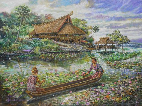 Pre-colonial Lakeside House - by JBulaong 2020 #Precoloniallakesidehouse #PrecolonialPhilippines #Maharlika #Philippinearchitecture #tboligirl #tnalak #LakeSebu #Mindanao #JBulaong #oiloncanvas #painting #Islandsofgold #Ophir #utopia #ancientPhilippinegold #Filipinohouse #indigenousarchitecture Pre Colonial Philippines Architecture, Pre Colonial Philippines Art, Mindanao Art, Pre Colonial Philippines, Philippine Architecture, Lakeside House, Filipino House, Filipino Architecture, Philippine Mythology