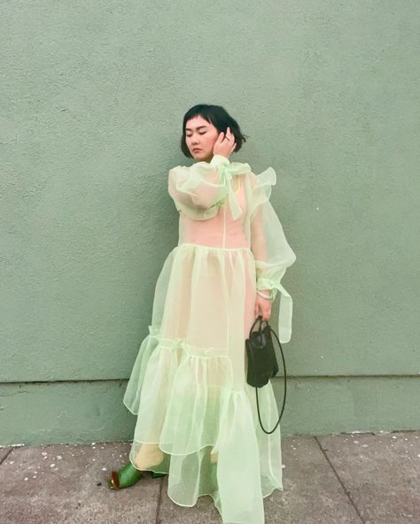 Viv on Instagram: “Lime Meringue 💖 This sheer @kkco dress is the definition of a hero piece. The layering options are endless, I wanted to go for a…” Sheer Dress Outfit, Sheer Dresses Outfit, Lime Meringue, Sheer Pink Dress, Green Mules, Jade Accessories, Organza Dresses, Sheer Long Sleeve Dress, Sheer Dresses