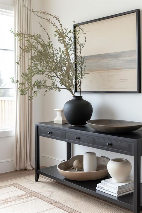 Console table for living room or entryway Black Console Table Decor, Black Entryway Table, Sofa Table Behind Couch, Modern Entry Table, Hallway Table Decor, Modern Entryway Decor, Storage Console Table, Sofa Table Decor, Console Table With Storage