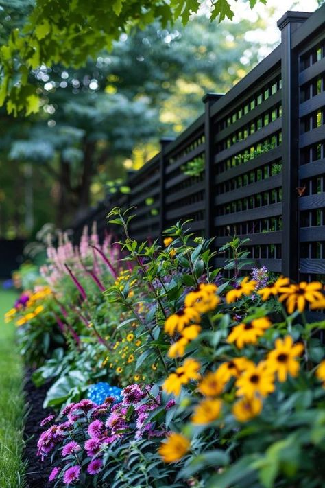 Fence Line Landscaping Ideas I Love Sharing! Front Privacy Landscaping, Corner Of Fence Ideas, Fenced In Backyard Landscaping, Planting Along A Fence Landscaping Ideas, Backyard Plant Ideas Along Fence, Fenced In Flower Garden, Patio Privacy Ideas With Plants, Low Maintenance Fence Ideas, Beautiful Privacy Fence Ideas