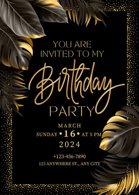 Follow me on Canva for more Canva Templates and Elements: https://www.canva.com/p/vik-ya/ Free Canva Template // Free Canva Template for Canva Pro #Canva #CanvaTemplates Black And Gold Invitations, Happy Birthday Invitation Card, Birthday Invitation Card Template, 21st Birthday Invitations, 50th Birthday Invitations, Birthday Flyer, Birthday Party Invitation Templates, Black Invitation, Gold Invitations