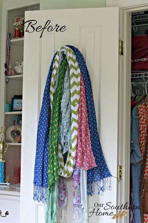 Winter Scarf Storage, Scarf Organization Ideas, How To Store Scarves, Scarf Organizer, Scarf Display, Hanging Scarves, Scarf Storage, Ikea Mirror, The Swap