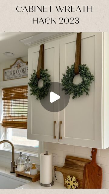 Ribbon In Wreath Christmas, Door Hooks For Wreaths, Christmas Wreath In Kitchen, How To Hang Cabinet Wreaths, Kitchen Cabinet Door Wreaths, Little Wreaths On Cabinets, Christmas Wreath For Kitchen Cabinets, Hanging Christmas Wreaths On Kitchen Cabinets, Hanging Small Wreaths On Cabinets