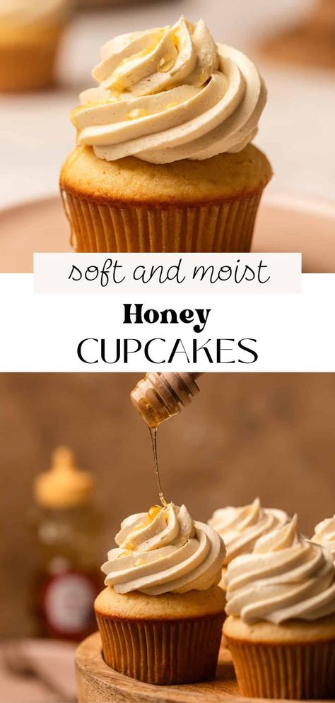 These soft and fluffy honey cupcakes have a floral, subtle honey flavor with salted honey buttercream frosting swirled on top. Honey is in the cake, in the frosting, and drizzled on top, making it the star ingredient of these delicious cupcakes! Icing Recipe Flavored, Honey Cake Cupcakes, Honey Flavored Cake, Honey Bun Cupcakes, Recipes For Honey, Honey Bee Cupcakes Ideas, Honey Cupcake Recipe, Frosting Flavor Ideas, Cupcake Icing Ideas