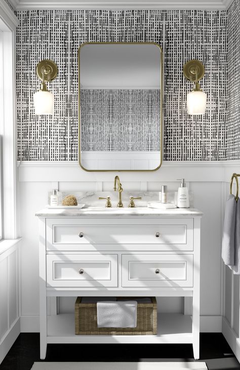 Modern Bathroom Wallpaper Ideas, Herringbone Wallpaper, L Wallpaper, Washable Paper, Neutral Wallpaper, Renovation Design, Half Bathroom, Basement Bathroom, Basement Remodel