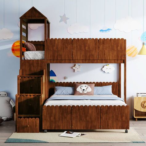 Harper Orchard Shadow Twin Over Full Solid Wood L-Shaped Bunk Beds with Trundle by Harper Orchard | Wayfair Bunk Beds With Trundle, Beds With Trundle, Twin Car Bed, L Shaped Bunk Beds, Captains Bed, Twin Over Full Bunk Bed, Wood Daybed, Bunk Bed With Trundle, Bed Shelves