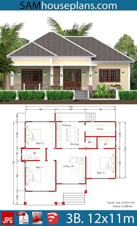 Interior Design Plan 12x11m With Full Plan 3beds Simple Home Design, Modern Bungalow House Design, Small Modern House Plans, Bungalow Style House, Pelan Rumah, Bungalow Floor Plans, Bungalow Style House Plans, Affordable House Plans, Interior Design Plan