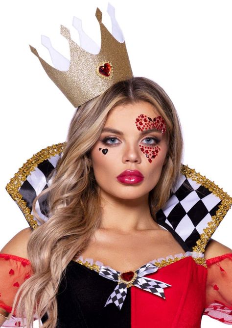 From Wonderland queen to glamorous couture clown, the Leg Avenue Queen Adhesive Face Jewels is the perfect finishing touch to any costume. The glistening gems, heart shaped patterns, and sparkling heart face jewels are sure to dazzle. Package Includes: adhesive body jewels Complete the Look: Create the perfect Queen of Hearts costume, clown costume, or harlequin costume with these amazing body jewels! Occasion: Dress up your face or use the versatile body jewels to bedazzle your chest, arms or e Queen Of Hearts Hair And Makeup, Queen Of Diamonds Costume, Queen And King Of Hearts Costume, Queen Of Hearts Makeup Ideas, Queen Of Heart Makeup, Queen Of Hearts Costume Diy Women, Rhinestone Halloween Makeup, Queen Of Hearts Makeup Halloween, Queen Costume Diy