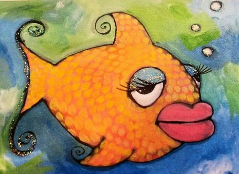 Beachy Paintings, Class Painting, Ugly Fish, Stone Paintings, Fish Outline, Stool Makeover, Whimsical Fish, Funny Fish, Whimsical Art Paintings