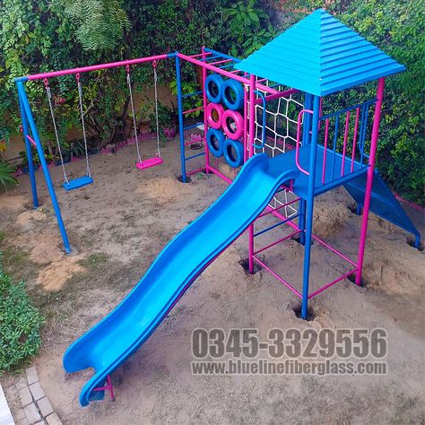 Outdoor Playset and playground equipment Slide, Swing and Jungle gym maker in Karachi Pakistan | Blue Line Fiberglass Karachi Pakistan Play Ground Backyard, Jungle Gym Outdoor, Kids Gym Equipment, Swings For Kids, Home Playground, Tire Playground, Kids Outdoor Play Equipment, Kids Outdoor Playground, Outdoor Gym Equipment