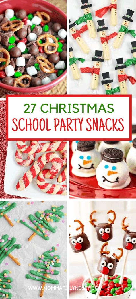 Need ideas for Christmas party snacks?  Here are 27 Easy classroom snacks for school parties including Christmas, winter, and holiday parties. Kid Christmas Party Food, Ideas For Christmas Party, School Party Snacks, Kindergarten Christmas Party, Holiday Party Snacks, Snacks For School, Christmas Snacks Easy, Healthy Christmas Snacks, Classroom Christmas Party