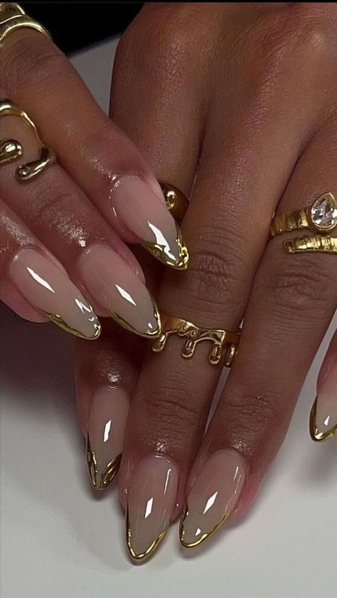 ౨ৎ gold nails, acrylics, almond nails, fall nails Simple Nail Coffin, Chrome With Design Nails, Nail Chrome Ideas, Dope Nail Designs Almond Short, Crome Nails Designs Square, Nails Chrome Designs, Long Almond Nail Designs, Pretty Almond Nails, Almond Shape Nail Designs