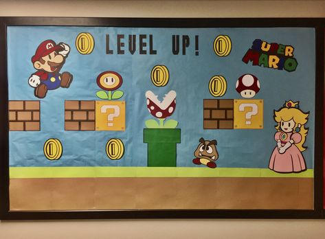 Paper Mario Level Up bulletin board! Mario Level, Up Bulletin Board, Mario Und Luigi, Mario Crafts, Bulletin Board Paper, Board Games Diy, Birthday Bulletin Boards, Library Bulletin Boards, Mario Birthday Party