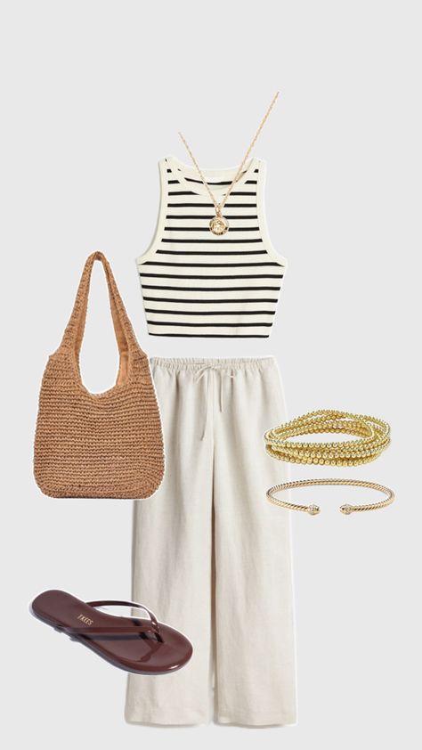 beach town errand outfit, casual dinner outfit, neutral colors, gold jewelry, stripped tank top, linen pants, cream pants, tank top, summer outfit, trendy outfit inspo Beach Town Outfit, Stripped Pants Outfit, Errand Outfit, Cream Pants Outfit, Tank Tops Outfit, Stripped Outfit, Cream Linen Pants, Neutral Color Outfits, Colorful Summer Outfits