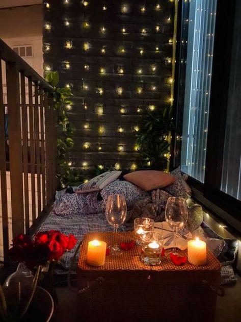 30+ Romantic Date Night Ideas | HubPages Small Balcony Birthday Decoration Ideas, Birthday Decoration With Candles, Birthday Balcony Decorations, Balcony Picnic Ideas Romantic, Balcony With Fairy Lights, Balcony Dinner Ideas, Balcony Picnic Ideas, Balcony Birthday Decoration, Balcony Party Ideas