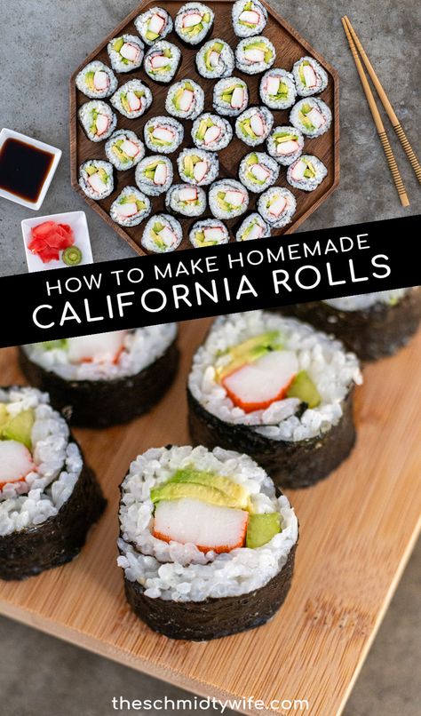 Sushi Recipes California Roll, Homemade California Rolls, California Roll Recipe, California Sushi Rolls, California Roll Recipes, Easy Sushi Rolls, Recipes Sushi, Wife Recipes, Crab Avocado