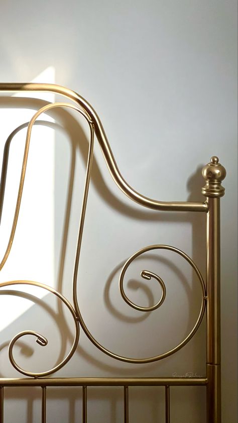 Vintage Gold Bed, Gold Brass Bed Frame, Gold Queen Size Bed Frame, Golden Metal Bed Frame, Brass Bedframe Bedroom Ideas, Ikea Bed Leirvik, Gold Bed Frame Aesthetic, Golden Bed Frame, Gold Bed Frames