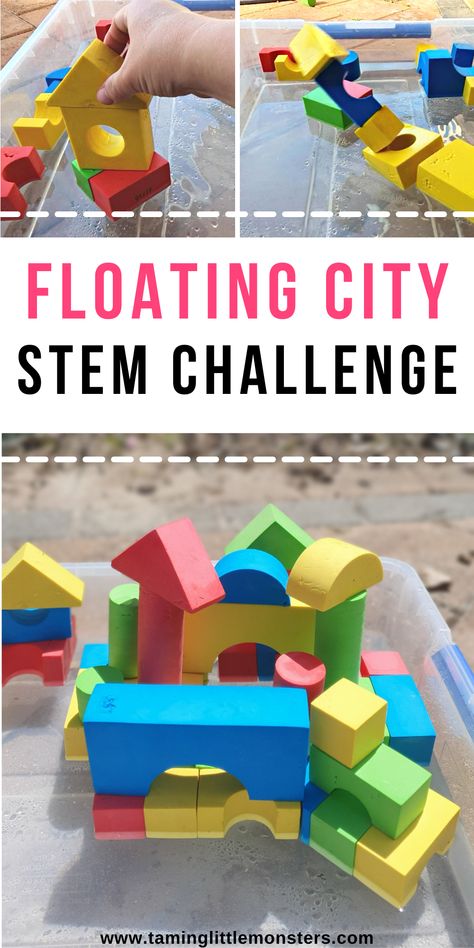 Floating City - STEM Challenge for Kids. Can you build a city that floats and doesn't fall down? This is a fun engineering activity for hot summer days. #stem #preschool #kindergarten #summer Engineer Activities For Preschool, Pre K Engineering Activities, Sensory Building Activities, Stem Activities Preschool Kindergarten, Stem Pre K Activities, Stem Preschool Crafts, Building Science Preschool, Stem Building Activities Preschool, Engineering Activities For Preschool