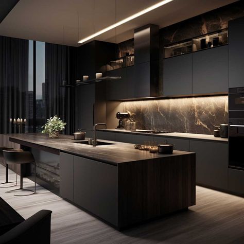 Modern Dark Kitchen, Dark Modern House, Desain Pantry, Dark Modern, Modern Kitchen Interiors, Dark Kitchen, House Design Kitchen, Hus Inspiration, Luxury Kitchen Design