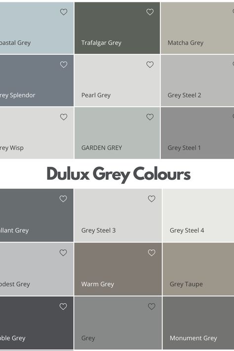 Dulux grey colours, a mix of different grey swatches by Dulux Grey Color Wall Paint, Paint Colours For Outside House, Grey Paint Ideas For Walls, Grey Colour Interior Design, Types Of Grey Colour, Grey Swatches Colour Palettes, Grey Home Interior Design, Off Grey Walls Paint Colors, Grey And Charcoal House Exterior