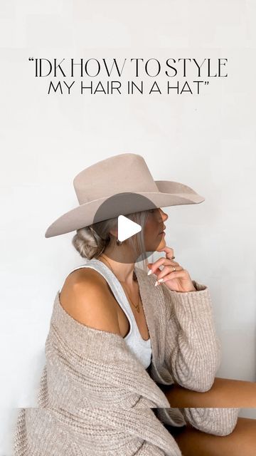 How To Wear A Cowboy Hat, Cowboy Hat With Ponytail, Hairstyles For Cowboy Hats Hair, Short Hair Cowboy Hat, Hat Ponytail Hairstyles, Cowboy Hairstyles Woman, Low Bun With Hat, Hair Styles With A Hat, Cowgirl Hat Hairstyles