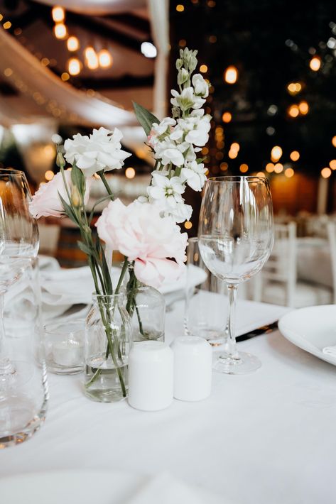 Blush and white bud vases Neutral Bud Vases Wedding, White Rose Bud Vase Wedding, White Floral Bud Vase Wedding, Peony In Bud Vase, Blush And White Bud Vase Centerpiece, Wedding Bud Vases, White Bud Vases, Wedding Styling, Neutral Wedding