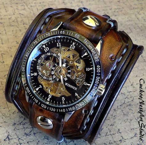 Steampunk Leather Wrist Watch Skeleton by CuckooNestArtStudio Steampunk Adjustable Quartz Watch, Custom Handmade Watch Accessories As A Gift, Custom Handmade Watch Accessories As Gift, Handmade Custom Watch Accessories As Gifts, Leather Watch Cuff, Futurisme Retro, Steampunk Leather, Brown Watch, Steampunk Watch