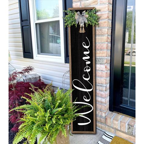 PRICES MAY VARY. 【Highquality Material】: the hanging vertical welcome sign for front porch is made of natural and quality wood material, sturdy and reliable to use, It is printed with weatherproof UV Inks that won’t fade, peel or crack. 【Perfect Size】: Welcome sign is 45" tall and 9" wide , 1" thick, weighs 2.5 lb. Ready to hang anywhere you want guests to see in your home, such as the porch, yard, entrances, entryways, front porches and walls and any conspicuous position. 【Exquisite Craftsmansh Small Porch Ideas On A Budget, Modern Home Outside, Farmhouse Outside, Small Porch Ideas, Dr Ideas, Railing Designs, Small Porch, Outdoor Welcome Sign, Welcome Signs Front Door