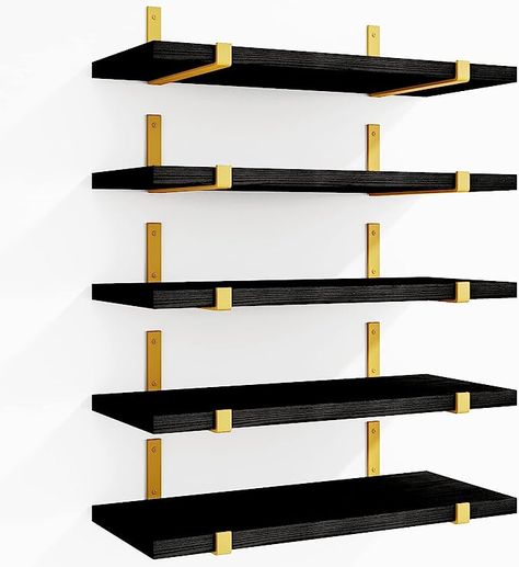 Home Decor Laundry Room, Wood Wall Storage, Black And Gold Living Room, Float Shelf, Laundry Room Office, Black Wall Shelves, Shelves For Bedroom, Gold Shelves, Wall Storage Shelves