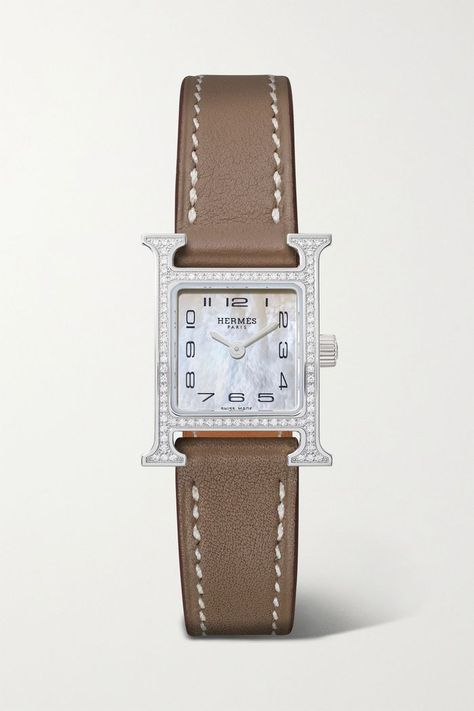 Hermès Timepieces Heure H 17.2mm Very Small Stainless Steel, Leather, Mother-Of-Pearl and Diamond Watch Womens Designer Watches, Hermes Watch, Classy Watch, Accessories Bags Shoes, Expensive Jewelry, Jewelry Lookbook, Fine Watches, Brown Leather Strap, Girly Jewelry