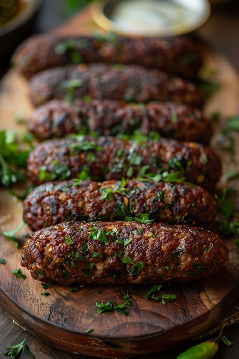 Grilled sausages garnished with chopped parsley on a wooden board. Arabic Appetizers Middle East, Middle Eastern Food Aethstetic, Middle Eastern Cooking, Ethnic Dinner Recipes, Souvlaki Sauce, Lebanese Food Photography, Lebanese Kibbeh Recipe, Middle Eastern Food Recipes, Kibbeh Recipe Lebanese