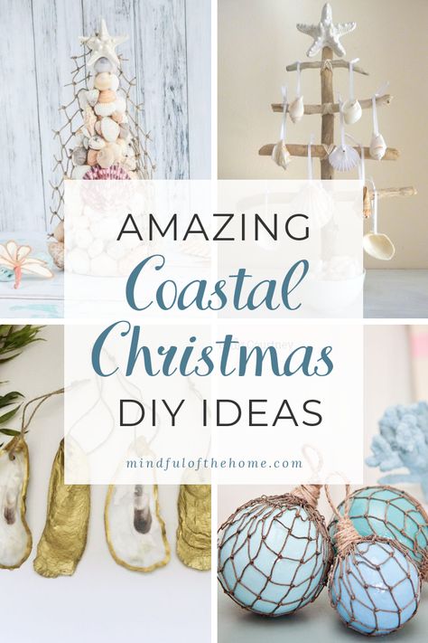 Need decorating ideas for Christmas and love the ocean? These coastal Christmas DIY ideas are some of the best out there, and will surely inspire you! Find beach and nautical decor crafts for a Christmas tree, tree ornaments, and more, using natural elements like shells, sand, twine and driftwood! #coastal #christmas #decor #ornaments #christmastree #mindfulofthehome Seashore Christmas Decorations, Sand Christmas Tree, Seaside Christmas Decor, Driftwood Christmas Tree Diy, Beach Theme Christmas Tree, Beachy Christmas Decor, Beachy Christmas Tree, Christmas Tree Topiary, Seaside Christmas